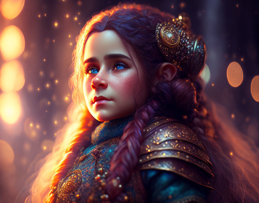 Young warrior digital art portrait with blue eyes, embellished armor, and braided hair.