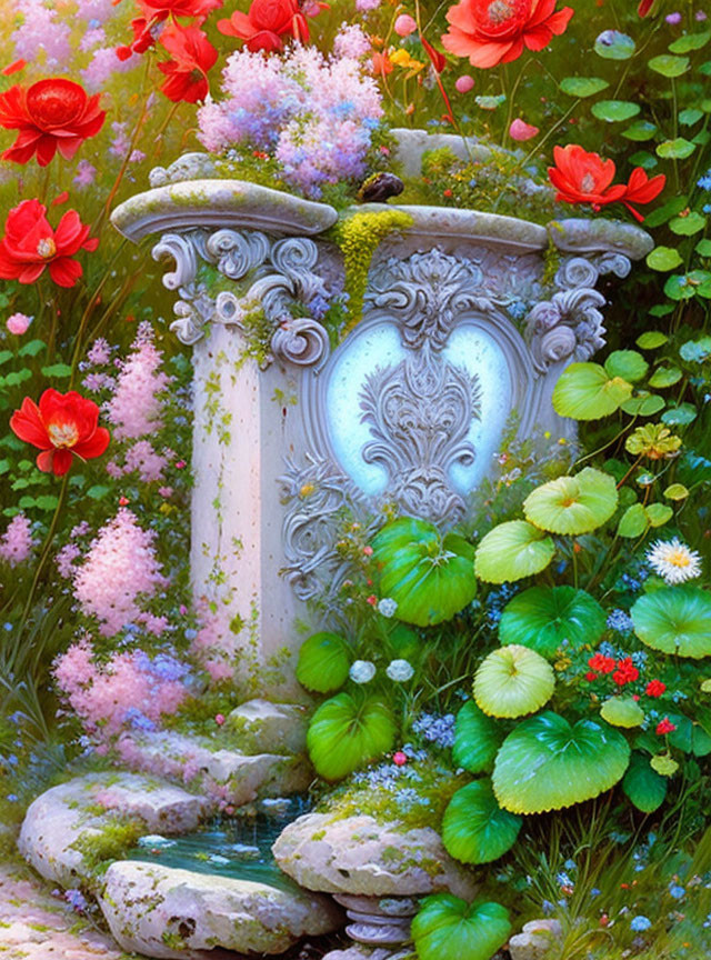 Ornate Stone Vase with Vibrant Flowers in Tranquil Garden