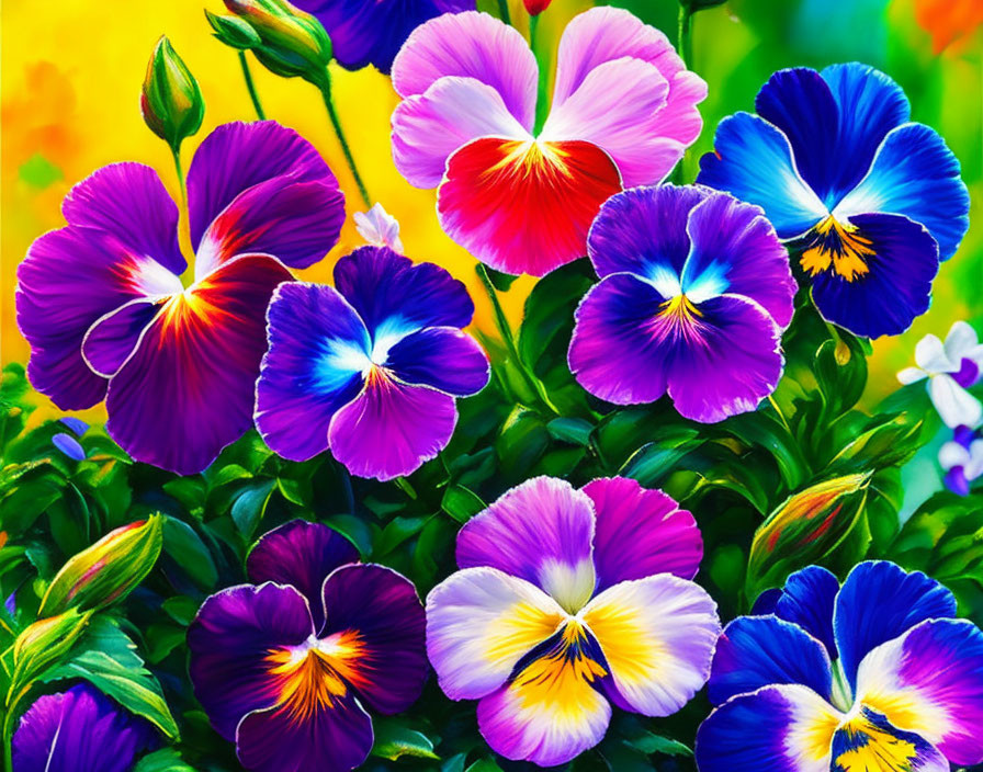 Colorful Pansies in Purple, Blue, and Pink with Green Leaves