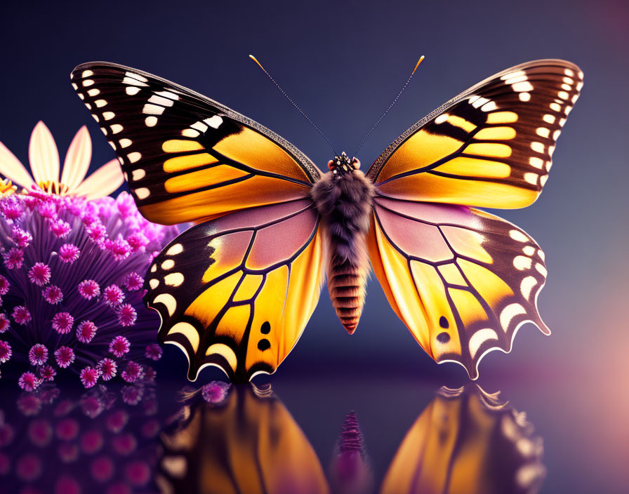 Colorful Monarch Butterfly on Flowers with Wings Spread on Glossy Surface