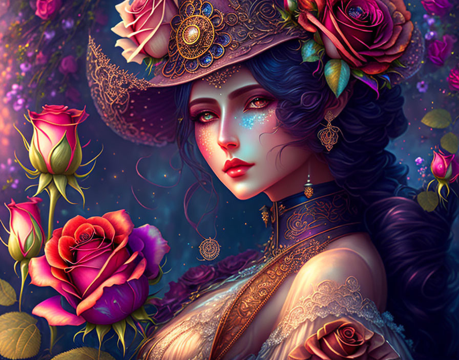 Digital Artwork: Woman with Blue Hair and Floral Hat in Fantasy Setting