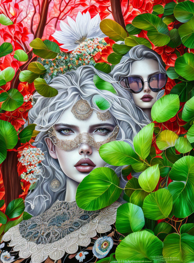 Silver-haired woman in jeweled mask and glasses amidst red flowers and green foliage