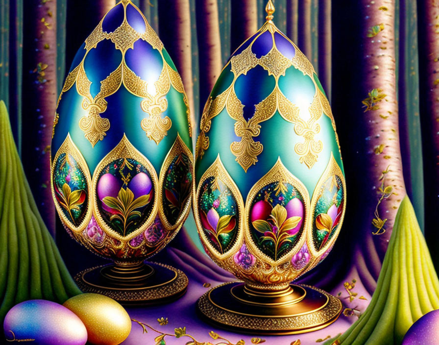 Ornate Fabergé Eggs with Gold Patterns on Display