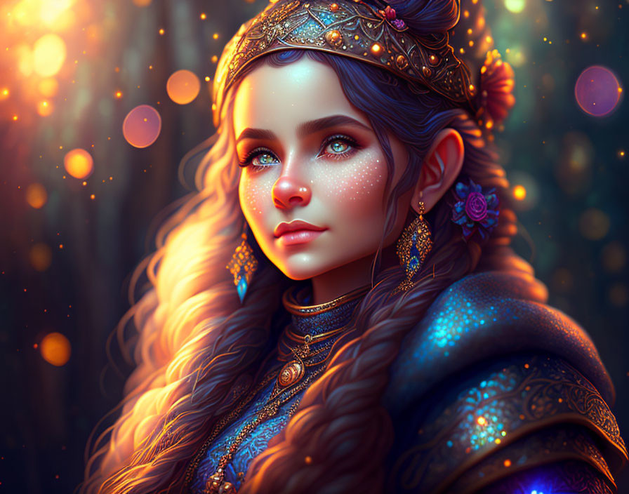 Digital art portrait of young woman with braided hair, golden crown, and jewelry in enchanted forest.