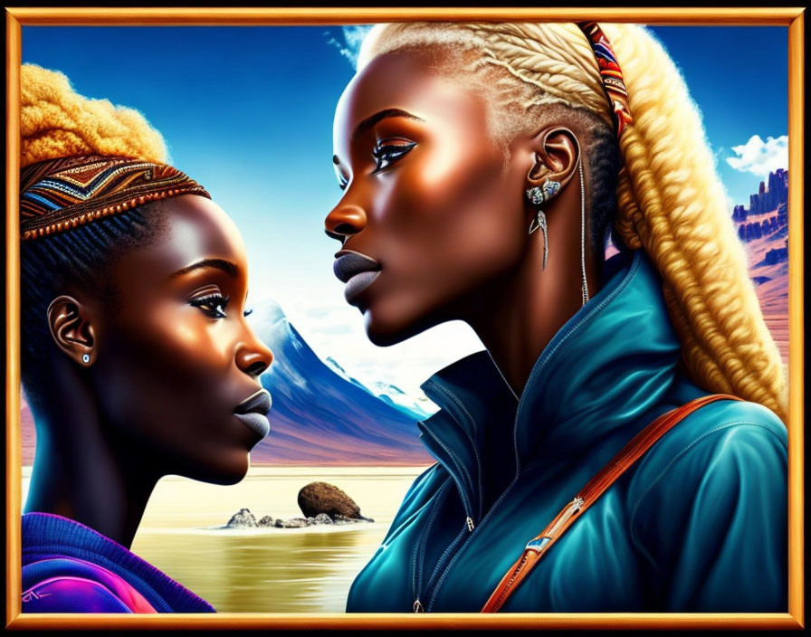 Stylized African female figures against mountain backdrop