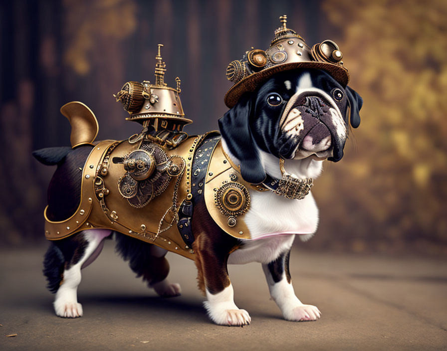 Steampunk style dog in brass armor and pilot helmet on blurred background