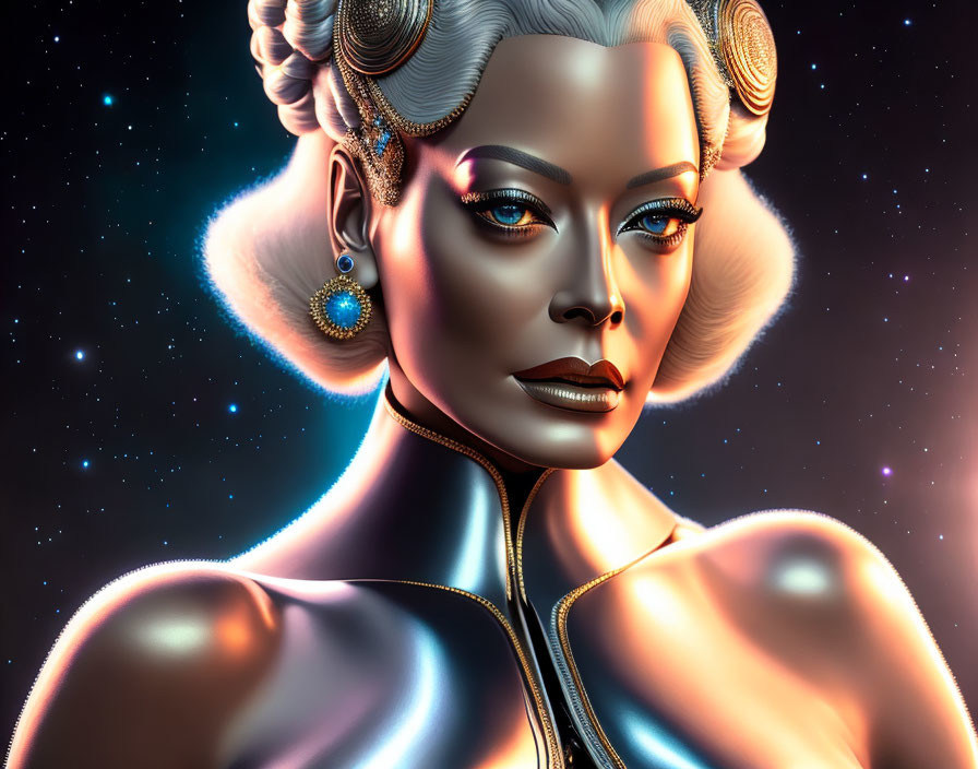 Futuristic woman with metallic skin and vintage hairstyle in starry space setting