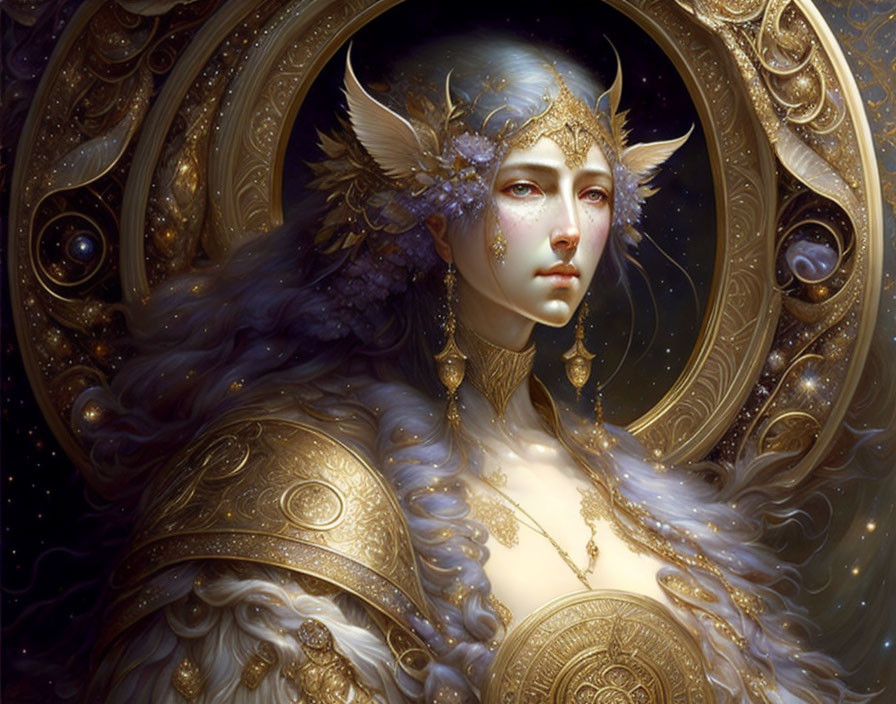 Ethereal figure in golden armor against cosmic backdrop