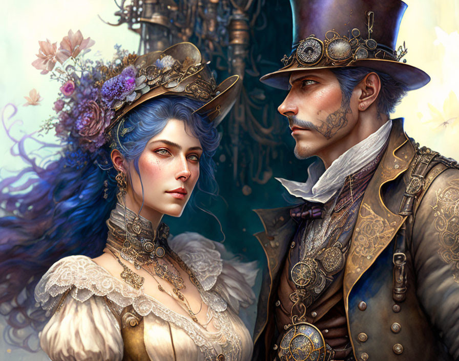 Steampunk-themed digital illustration of woman and man in elaborate attire