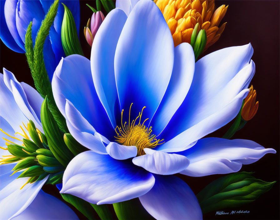 Colorful close-up of blue flower among vibrant blooms on dark backdrop