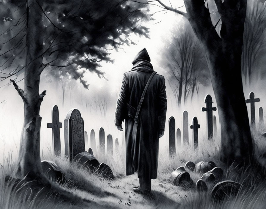 Hooded figure in misty graveyard with crosses and tombstones