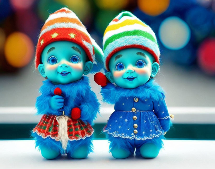 Blue elf dolls in festive attire against colorful lights background