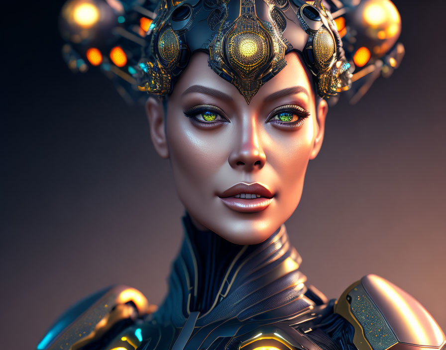 Female Figure with Mechanical Details and Golden Headgear in 3D Render