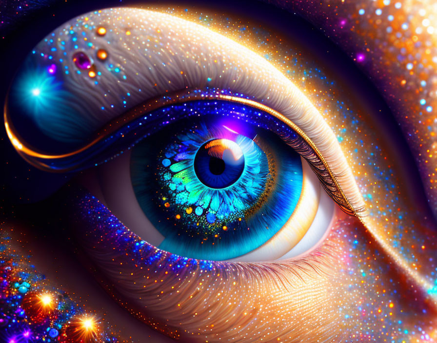 Cosmic-themed digital art: Close-up of eye with sparkling blue iris in galaxy setting