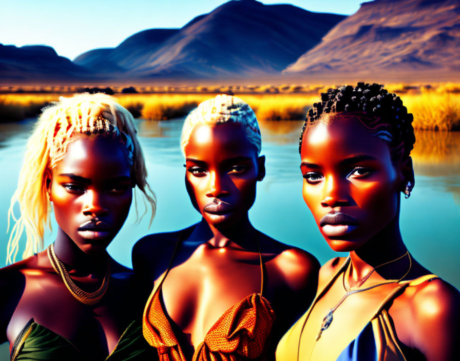 Three women with distinct braided hairstyles posing solemnly in front of serene landscape at dusk