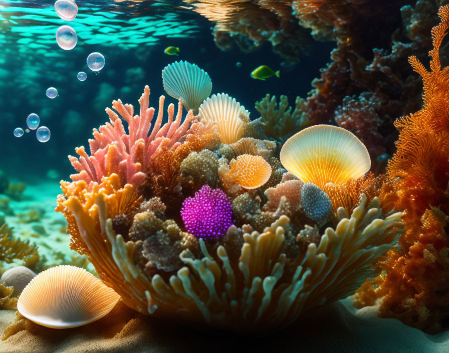 Colorful Coral Reef with Sea Anemones and Bubbles in Natural Light