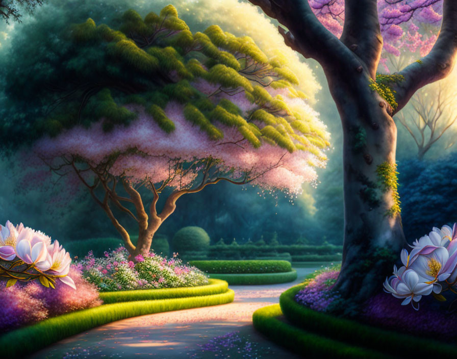 Vibrant pink and green garden with blooming flowers under soft light