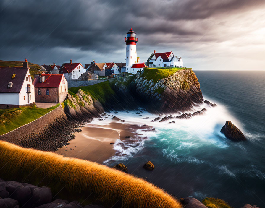 Majestic lighthouse on cliff overlooking stormy sea