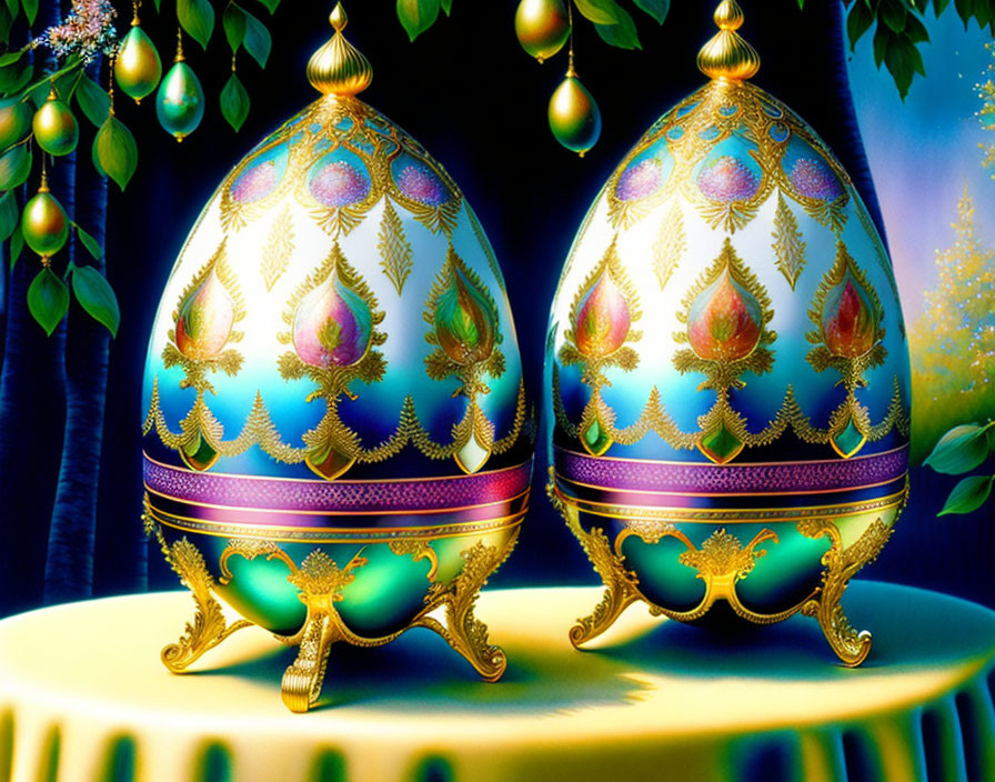 Ornate jewel-encrusted Fabergé eggs on stands with draped curtains and greenery