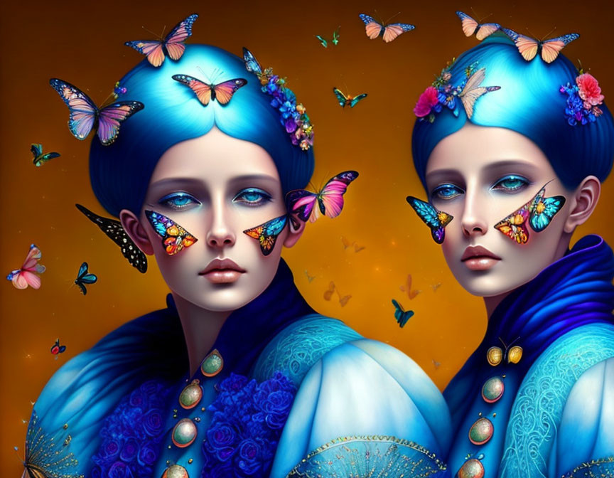 Stylized individuals with blue hair and makeup, adorned with butterflies and flowers on golden backdrop