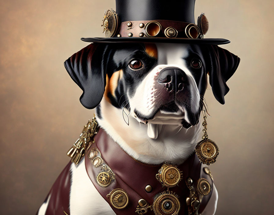 Steampunk-themed dog with top hat, gears, goggles, and metallic vest.