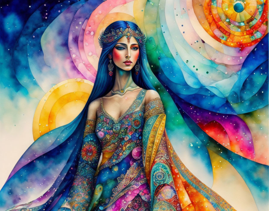 Vibrant illustration of woman with blue skin against cosmic backdrop