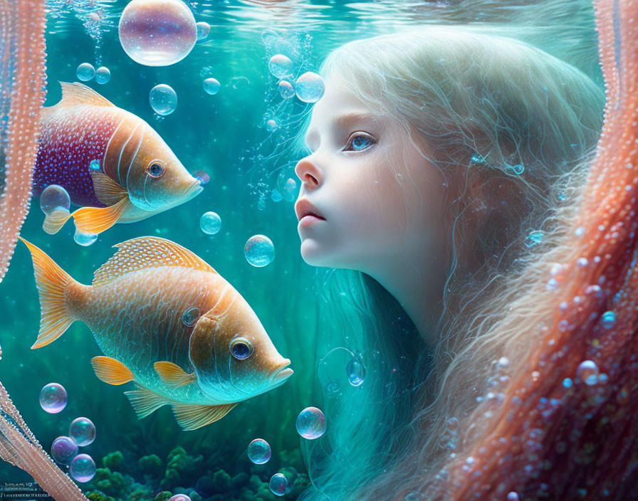 Surreal underwater scene with girl, vibrant fish, and floating bubbles