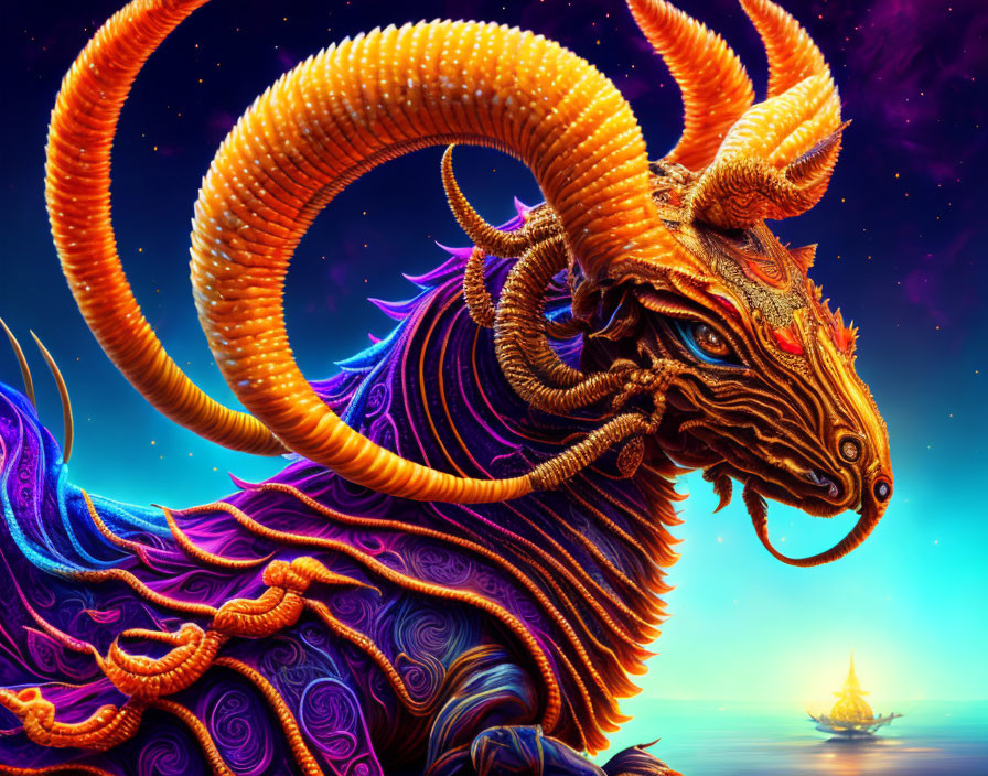 Colorful mythical dragon with ornate horns and cosmic background.