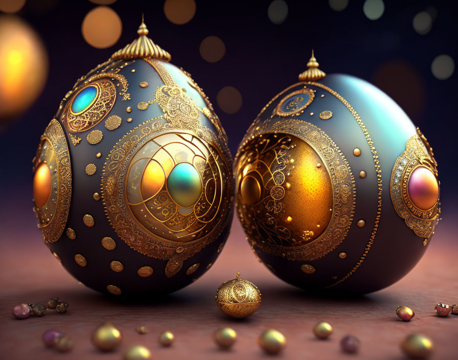 Ornate metallic Easter eggs with jewels and intricate patterns on soft-focus background