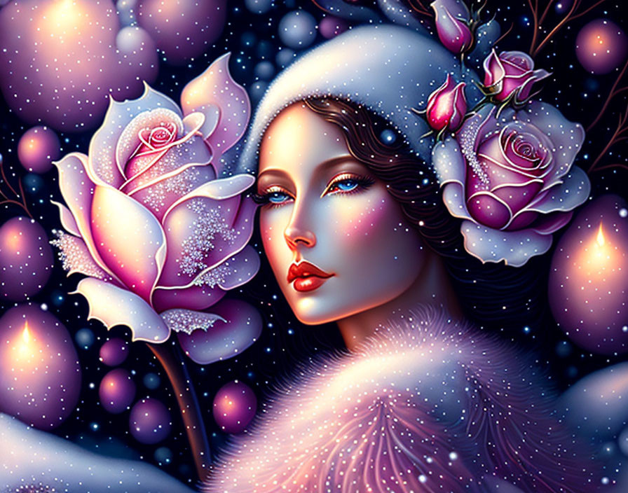 Digital art: Woman with snow-covered roses in purple-toned, starry background