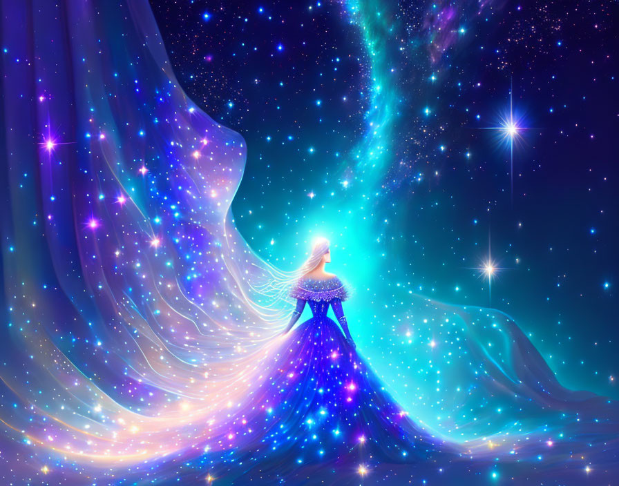 Glowing ethereal woman on flower platform in cosmic scene