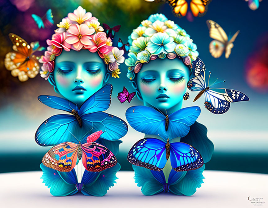 Surreal Artwork: Feminine Figures with Flowers and Butterflies in Blue and Pink Palette