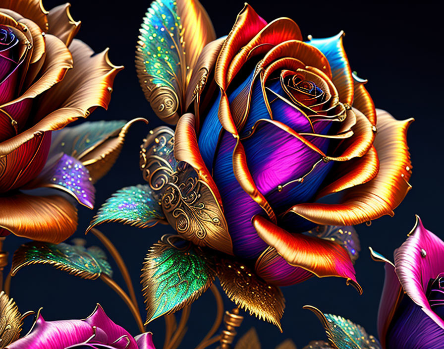 Colorful digital artwork: Vibrant rose with blue and orange petals, intricate golden patterns, and orn