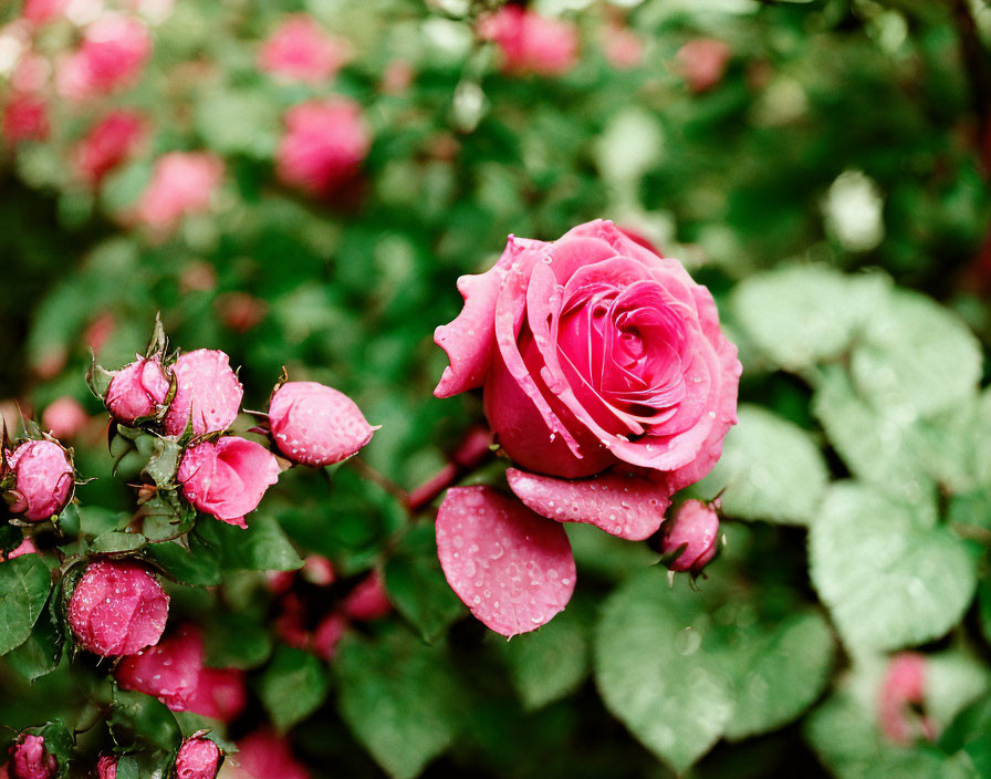 Vibrant pink rose with dewdrops among buds and green leaves