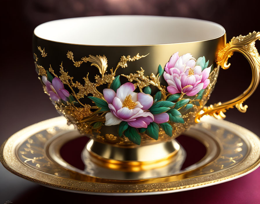 Porcelain Cup with Gold Trim and Floral Design on Dark Background