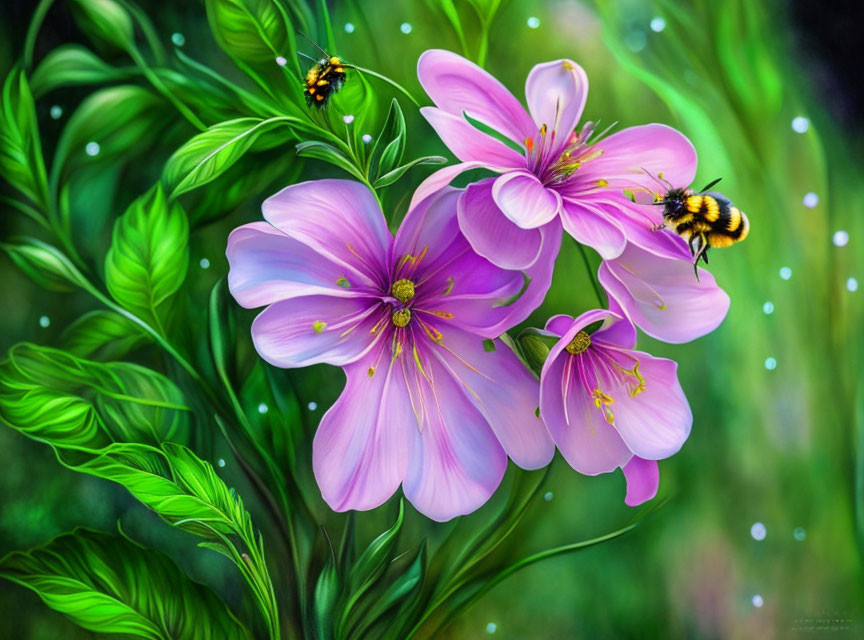 Colorful digital artwork featuring pink flowers, bumblebee, ladybugs, and green leaves.