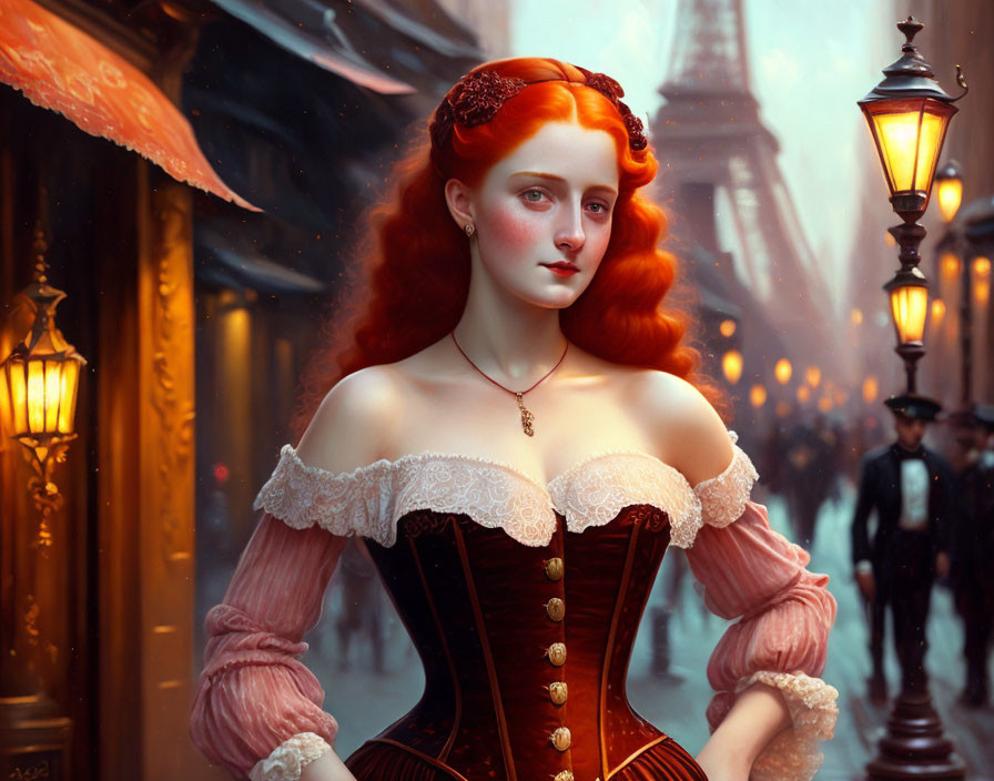 Red-haired woman in historical dress with Eiffel Tower backdrop