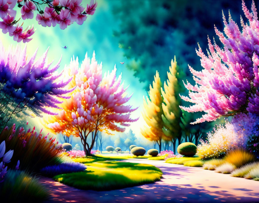 Colorful Landscape with Stylized Trees and Serene Atmosphere