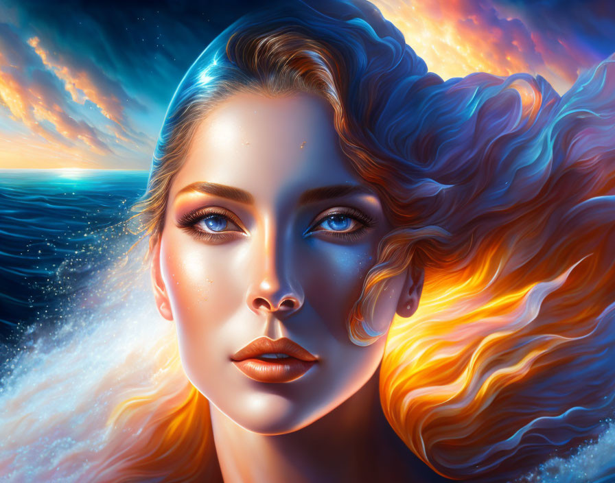 Vibrant surreal portrait of woman with fiery hair in radiant sky