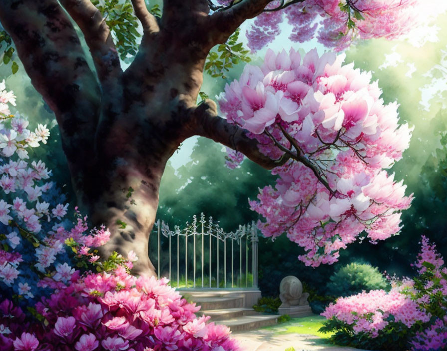 Vibrant pink blossoms in a fantasy garden with sunlight and a white gate