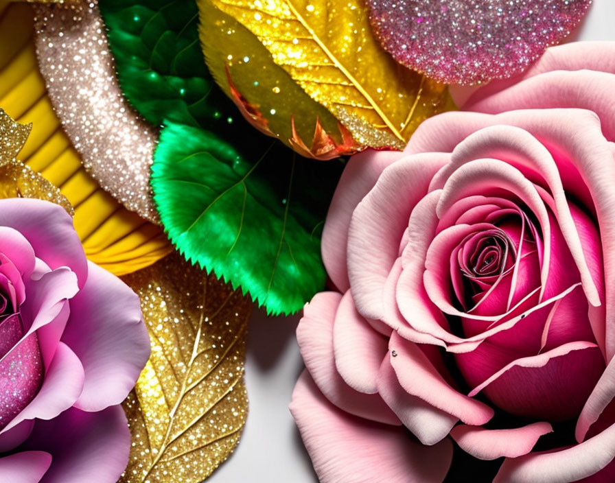 Glitter-covered leaves and vibrant roses with a central pink rose.