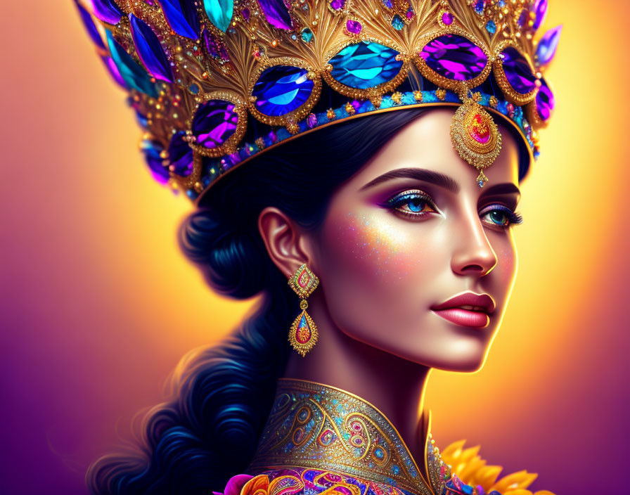 Woman with ornate crown and jewelry on vibrant purple background