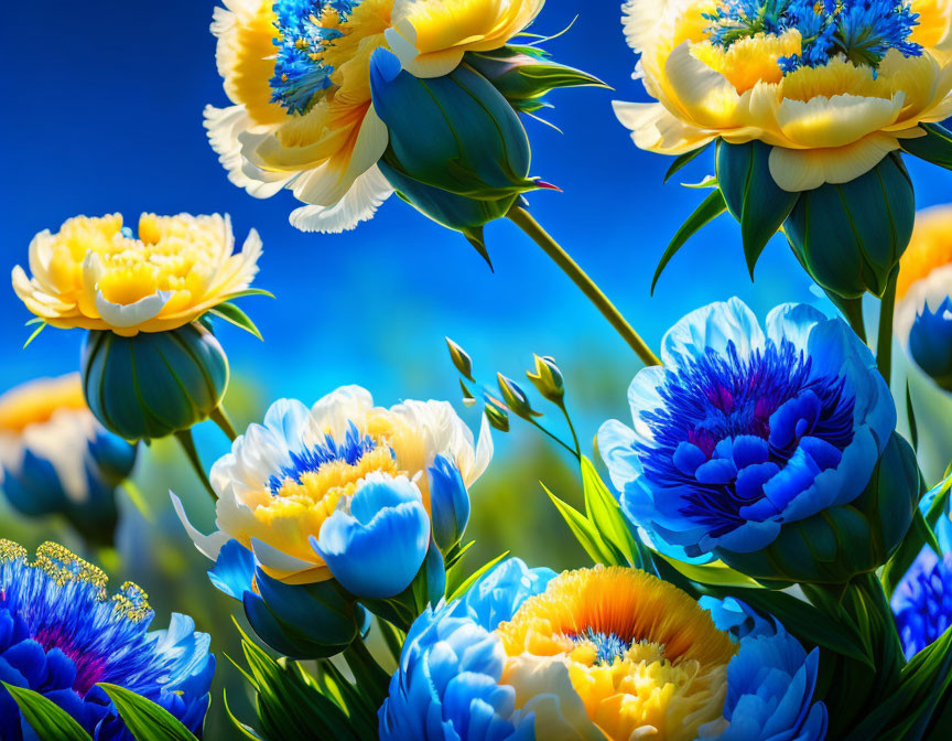 Colorful Peonies Blossoming Under Blue Sky