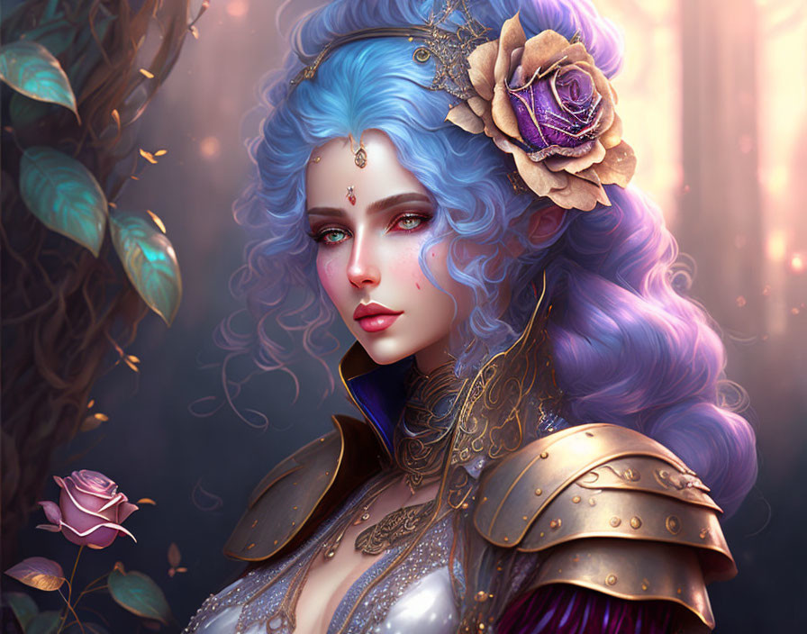 Fantasy illustration: Woman with blue hair, golden armor, purple rose, enchanted forest