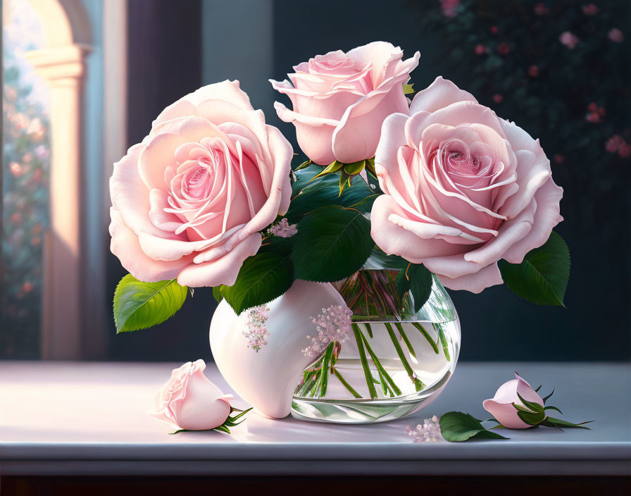 Pink roses in round glass vase on windowsill with sunlight.