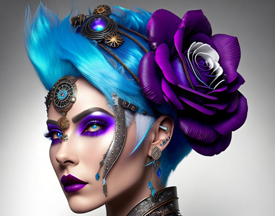 Digital artwork: Female with vibrant blue hair, purple flowers, mechanical gears, purple eye makeup, silver