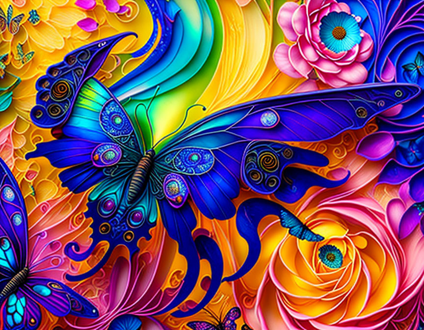 Colorful digital artwork of a blue butterfly with ornate wings and stylized flowers.