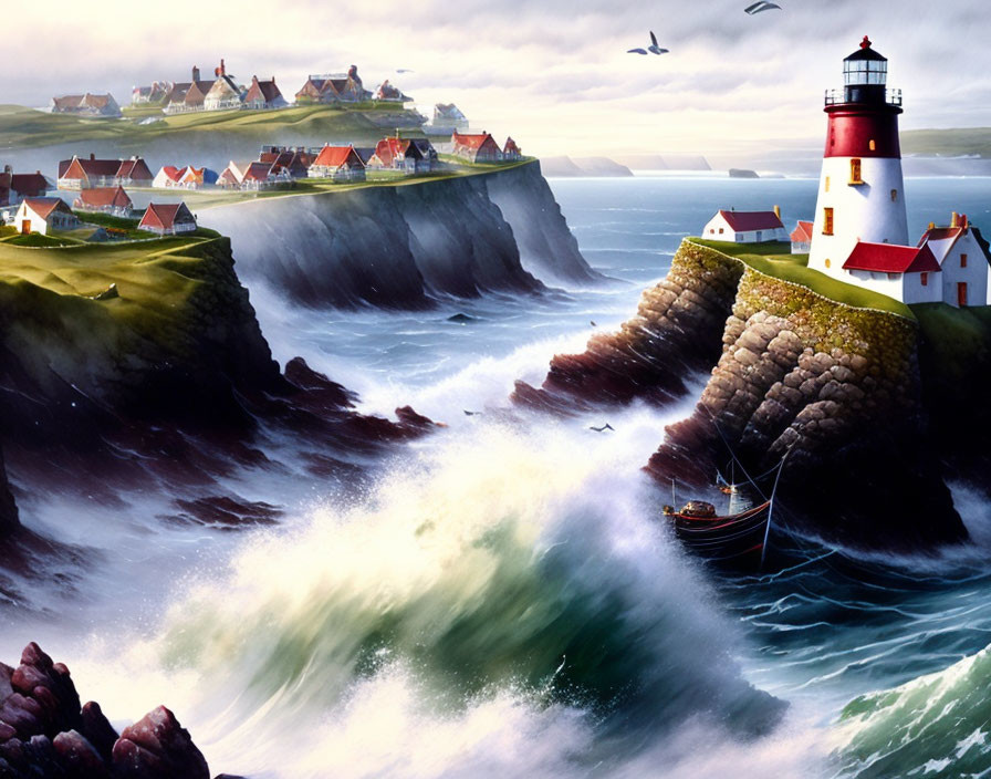 Coastal Village with Lighthouse, Boat, Waves, Cliffs, and Birds