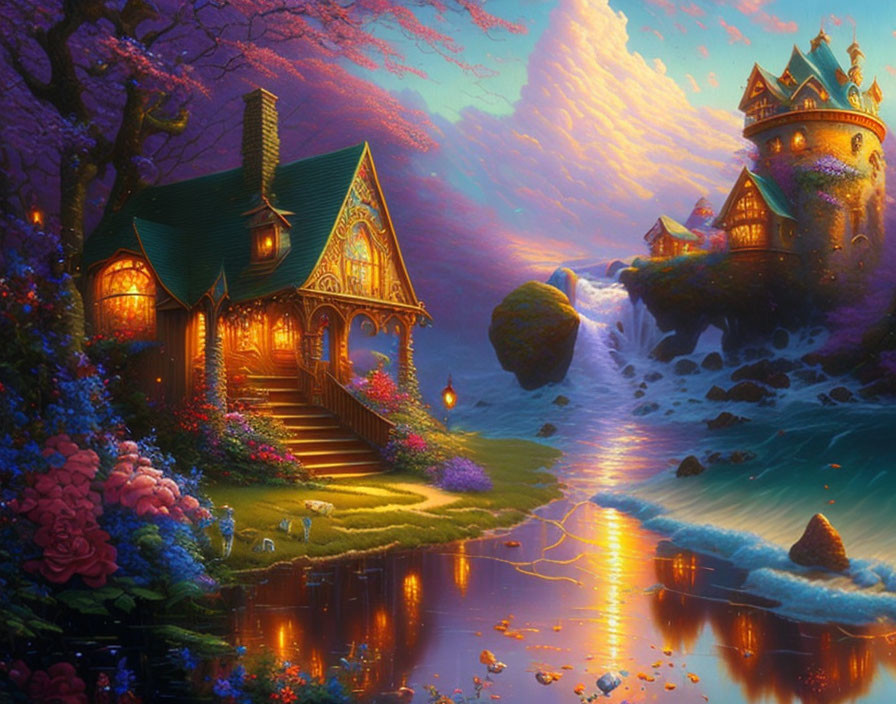 Fairytale landscape with cottage, waterfall, flowers & castle