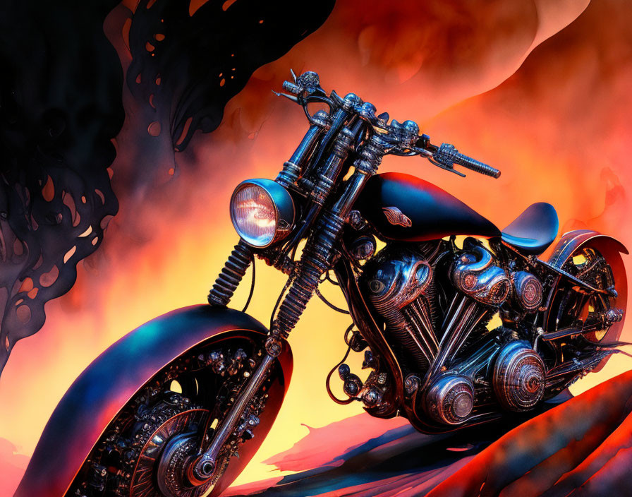 Stylized motorcycle with chrome details on fiery red and orange abstract backdrop